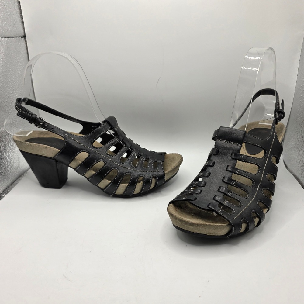 Earthies Siena Black Leather Caged Slingback Block Heel Sandals Women 7.5B QSS11
